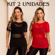 Kit 2 Blusas Feminina Transparente De Tule Manga Curta Camiseta Academia Treino Fitness Musculação