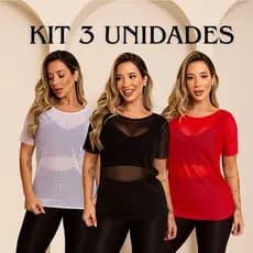 Kit 3 Blusas Feminina Transparente De Tule Manga Curta Camiseta Academia Treino Fitness Musculação