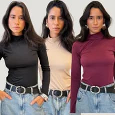 Kit 3 Blusa Feminina Estilosa Manga Longa Camisa De Frio Gola Alta Elegante Confortável Básico Liso Segunda Pele