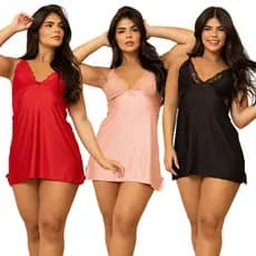 Kit 3 Camisola Feminina Para Dormir Confortável Alça Regulável Com Renda Pijama Elegante Adulto