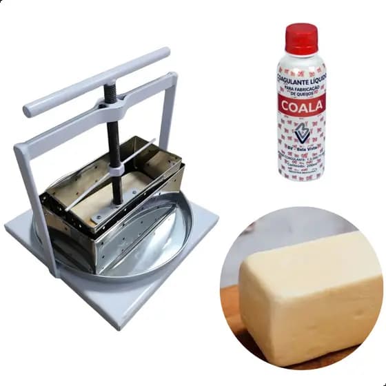 Prensa de Queijo Retangular/Redonda Forma em Inox + Coagulante 200ml para Queijo Perfeito