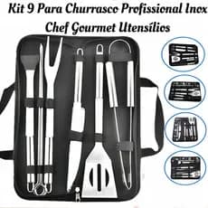 Kit 9 Peças Para Churrasco Profissional Inox Chef Gourmet Utensílios Luxo Envio Imediato