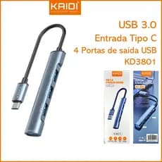 Hub USB 3.0 4 Porta de Entrada com Saida Tipo C Kaidi KD-3801 Super Rapido Mouse Teclado Hd
