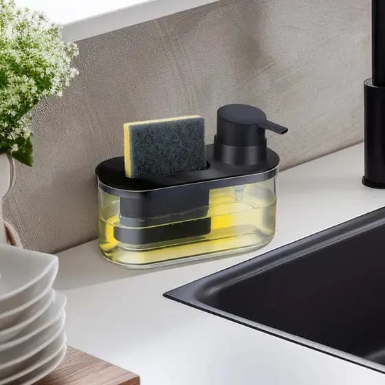 Dispenser Detergente Porta Bucha Pia Cozinha Preto Organiza Suporte Premium Kit Pia Moderno Compacto