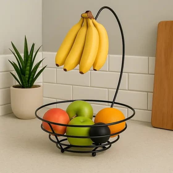 Fruteira Aramada Redonda Com Suporte Cesta Para Banana Preta Black Cesta Organizador De Frutas