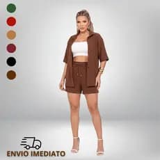 Conjunto 2 Peças Kimono + Short Premium Feminino Moda Praia Saida de Praia Quimono Marrom Cardigan