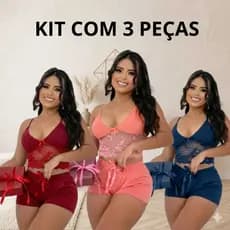 Kit com 3 Babydool Short Pijama Feminino Top com Renda Sem Bojo Microfibra Fria Confortável Marcio  Regulagem nas Alças