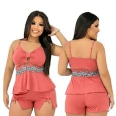 Pijama Baby Doll Adulto Fresquinho Confortável Short Curto Blusinha com Regulagem Alta Qualidade Renda Feminina Luxo Sex