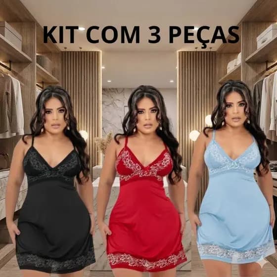 Kit c/3 Camisolas Macia Linda Sensual Pijama Renda Dormir Alça de Regulagem Tecido Microfibra Dia a Dia Leve Confortável