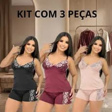 Kit com 3 Babydool com Alça de Regulagem Short e Blusa Confortável,Renda Pijama Tecido Leve Microfibra Sensual Qualidade