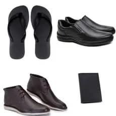 Sapato Social liso Confortável Preto + Sapato social cano baixo em couro sintético com cadarço + Porta Cartão + Chinelo