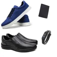 Kit Masculino Sapato Social liso Confortável Preto + Sapatênis Casual masculino Azul + Porta Cartão + Relógio