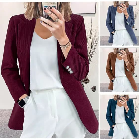 Novo cardigã de veludo cotelê para outono e inverno, elegante e ajustado, blazer casual profissional de cor sólida.