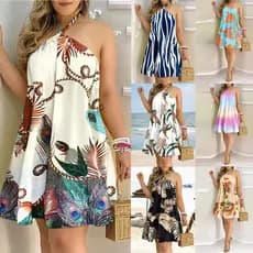 Plus Size Verão Moda Feminina Estilingue Halterneck Impresso Vestido Casual Praia Vestidos De Festa * & -