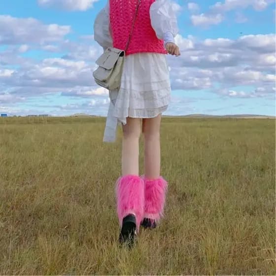 Inverno Feminino Vintage Rosa Vermelho Peludo Leggings Harajuku Gótico Botas Punhos Pele De Cobre-&-* *