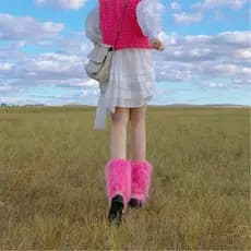 Inverno Feminino Vintage Rosa Vermelho Peludo Leggings Harajuku Gótico Botas Punhos Pele De Cobre-&-* *