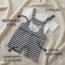 Jardineira Bebê Algodão Suave Fresco Camiseta Bordado Conjunto 0-9 Meses Menino