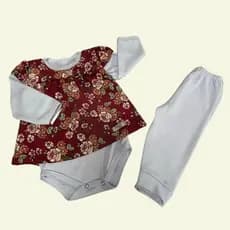 Kit Conjunto 3 Peças Bebê Menina Body Calça Vestidinho Estampa Florida Vermelho Laço 100% Algodão