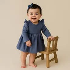 Vestido Moletinho Jeans Babado Manga Comprida Confortável Roupa Infantil Bebê Menina