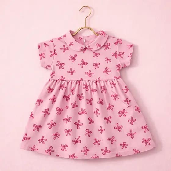 Vestido Rosa Delicado Laço Algodão Conforto Canelado Menina Delicado Algodão