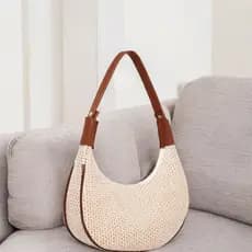 Bolsa Feminina Meia Lua em Palha Forrada de Cetim De Ombro Lançamento BJ 01