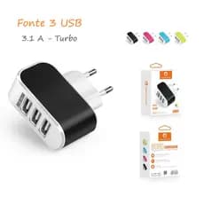 Fonte Carregador Turbo 3 USB 3.1A Original 3 Entradas Fonte USB Rápido LED CB03 FU