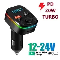 Carregador USB Turbo PD 20W Carro TYPE-C Transmissor Receptor FM Bluetooth Veicular X8 MP3 Rádio Com Luz LED Arco-Íris