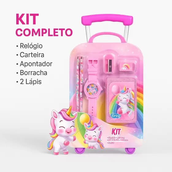 Kit Escolar Infantil com Relógio Carteira 2 Lápis Borracha Apontador Presente Criança