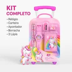 Kit Escolar Infantil com Relógio Carteira 2 Lápis Borracha Apontador Presente Criança