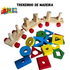 Brinquedo Educativo Trem de Encaixe Geométrico em Madeira 18 Peças Cores Estimula Coordenação Motora