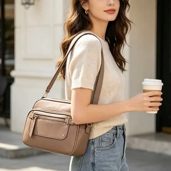 TOMI MITO Bolsa Feminina de Mão Transversal com Vários Bolsos Alça de Ombro Ajustável Casual e Versátil em PU V2350