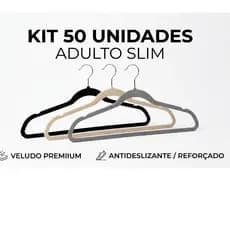 Kit 50 Cabides Reforçados de Veludo Slim Adulto Antideslizante Ultrafino Bege e Cinza e Preto