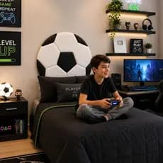 Cabeceira Menino Estofada Infantil Solteiro Bola Futebol para cama box Solteiro Facto Branco E Preto