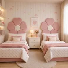 Kit 2 Cabeceiras Menina Estofada Infantil Flor Para Cama Box Solteiro Bouclê Rosa e Creme | 92x92cm