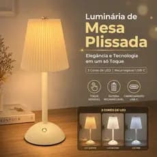 Abajur Luminária De Mesa Plissado Led Touch Recarregável 3 Cores
