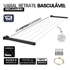 Varal Retrátil Dobrável De Parede Em Alumínio Cabo De Aço Encapado Suporta 40 Kgs ENVIO IMEDIATO
