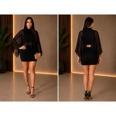 ✨ vestido conjunto Feminino Curto Ajustado Manga Ampla Tule Transparente Moda Festa estilo gringa