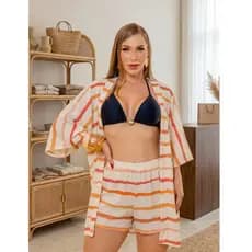 kimono Praia Estampado + Short Saida de Praia Feminino Chemise Feminina Kit 2 Peças Moda Praia