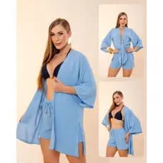 Kimono Feminino + Short Saida Praia Conjunto Kimono Manga Flare Feminino Moda Praia Plus Size Chemise Kit 2 Peças Farm