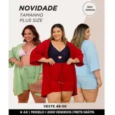 Conjunto Kimono Plus Size Saida de Praia Feminino Blusa Plus Size Chemise Feminino Moda Praia