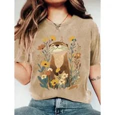 Camisa Feminina 100%algodão casual unissex estampa Lontra Flores tendencia modelo verão gola redonda
