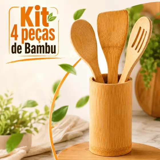 Kit de Bambu 4 Peças Utensílios com Suporte Cozinha Colher e Espátula Talheres