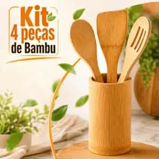Kit de Bambu 4 Peças Utensílios com Suporte Cozinha Colher e Espátula Talheres