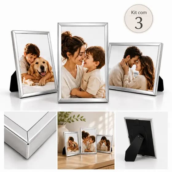 Kit 3 Porta Retrato Foto 10x15 Moldura Metal Inox e Vidro Luxo Decoração
