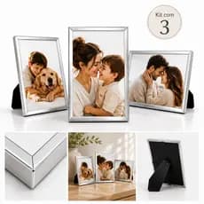 Kit 3 Porta Retrato Foto 10x15 Moldura Metal Inox e Vidro Luxo Decoração