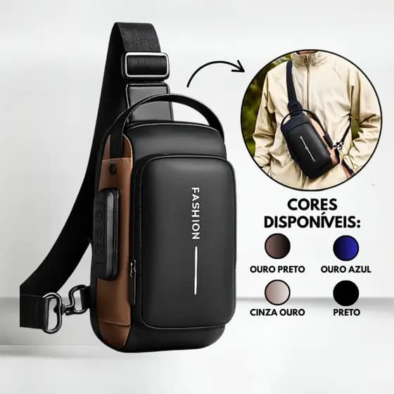 Bolsa de Peito Transversal Masculina Crossbody Ombro Cadeado Senha Entrada para Carregamento USB Antifurto Impermeavel