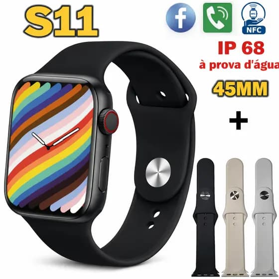 Relógio Inteligente S11 Smartwatch 45mm NFC Chamada Bluetooth IP68 À Prova D'água com 4 Pulseiras