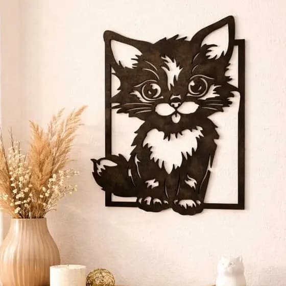 Quadro de Gatinho MDF Crú/Preto | Decoração Minimalista e Aconchegante | Presente para Amantes de Gatos