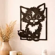 Quadro de Gatinho MDF Crú/Preto | Decoração Minimalista e Aconchegante | Presente para Amantes de Gatos