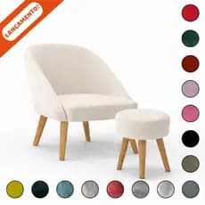 Kit Poltrona Lua e Puff Redondo para Sala Decorativa Pés Palito Suede Aninha Poltronas